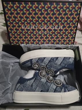Kurt Geiger Denim Slip-On Sneakers with Crystal Rosettes